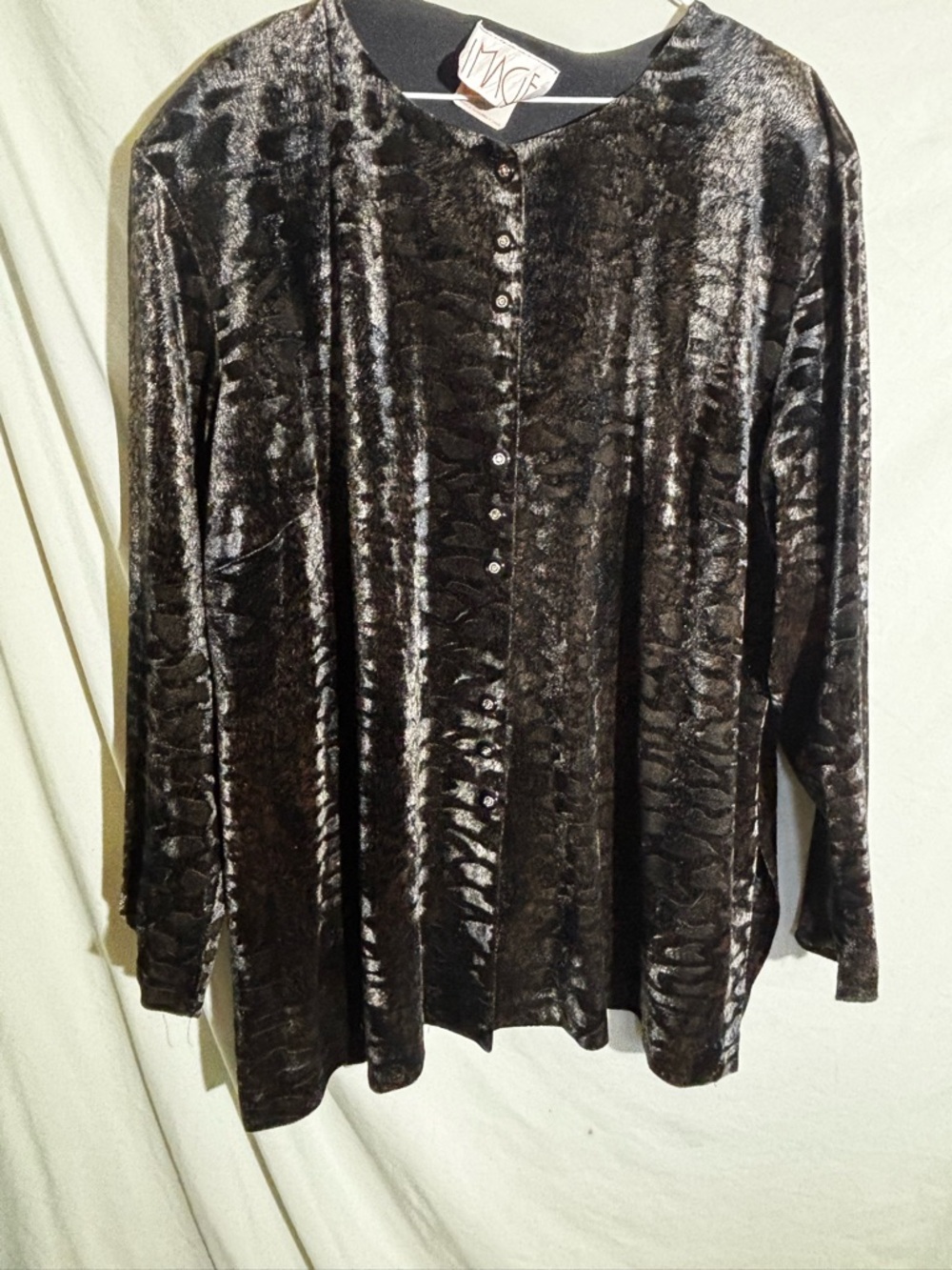 Vintage Velvet Button-Front Black Long Sleeve Top